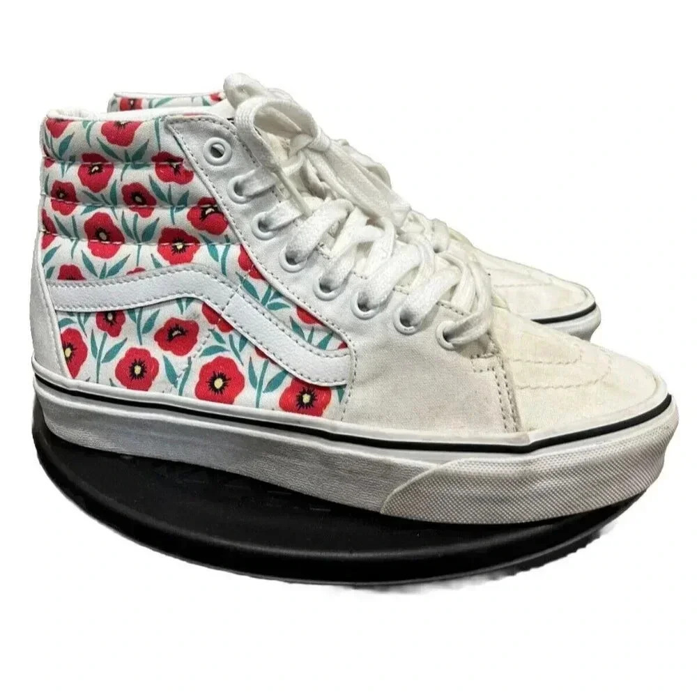 Vans Sneakers Womens 7 White Red Poppy Floral Sk8-Hi High Top Canvas Suede Shoes